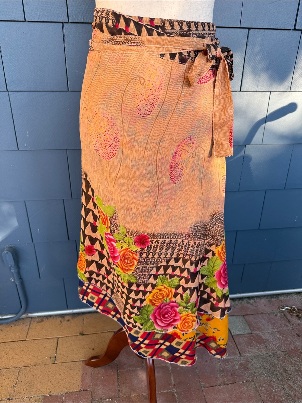 Peach Floral Wrap Sarong Cover-Up with Multicolor Accents reversible